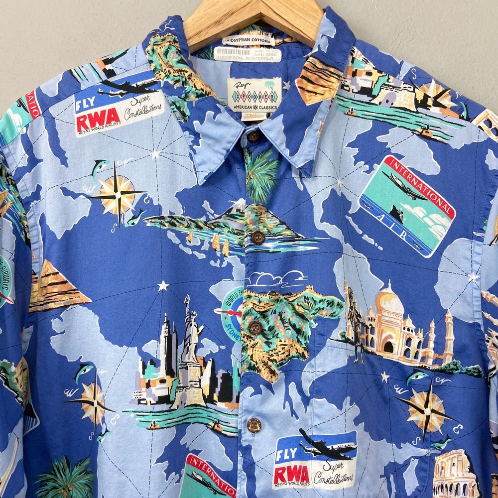 Reyn Spooner Hawaiian Shirt Size‎ XL RWA Airlines World Map Travel Retro Beach - Picture 3 of 11